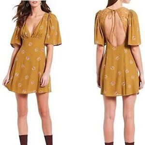 Free People Womens Mini Dress Mockingbird Open Back Mesh Mustard Yellow Size 2